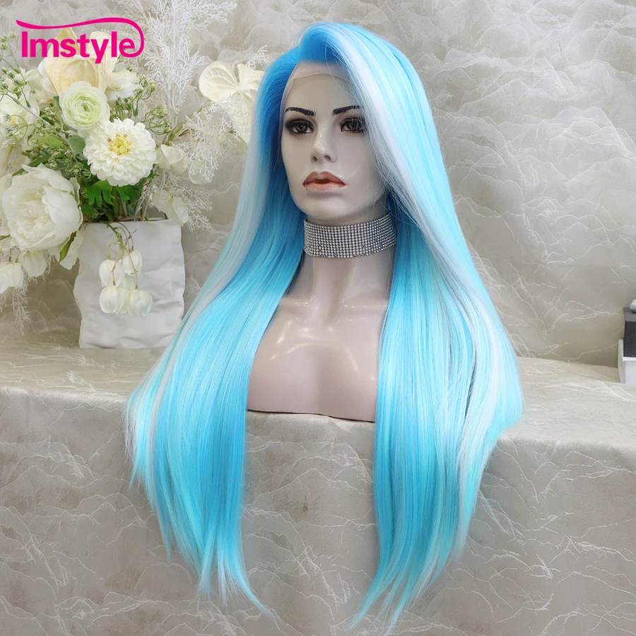 Imstyle Blue Wig Synthetic Lace Front Wig Long Straight Hair Cosplay Wigs For Women Heat Resistant Fiber