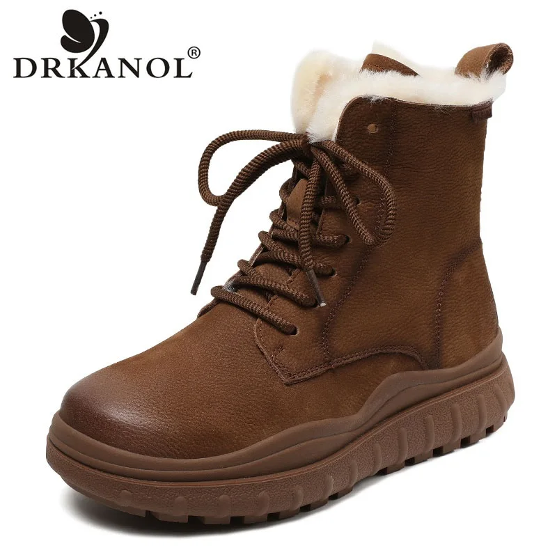 DRKANOL Winter Warm Snow Boots Women Handmade Retro Style Thick Bottom Real Genuine Leather Wool Fur Plush Platform Ankle Boots