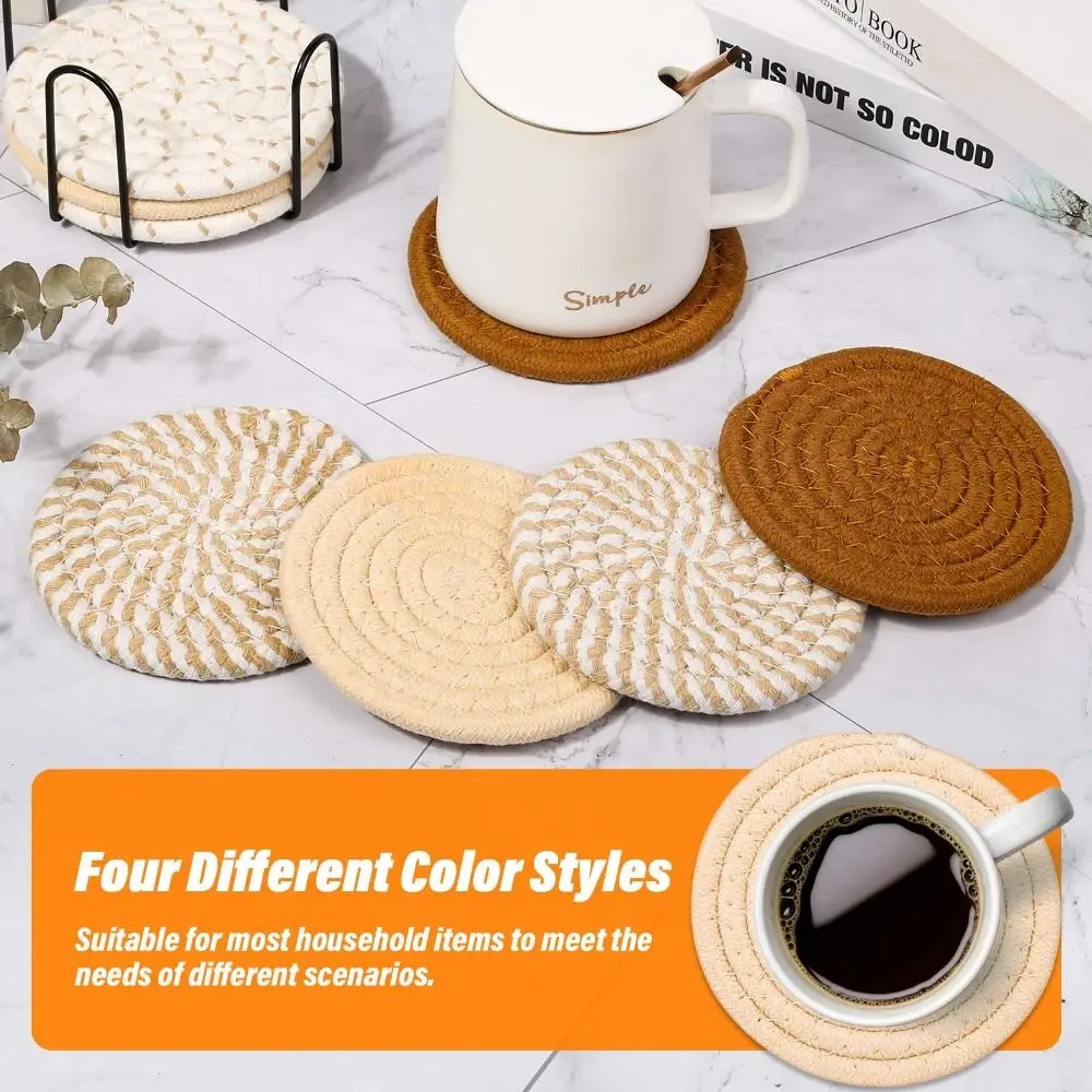 Minimalist Set of 8 Coasters with Bracket 4 Colors Heat Insulation Pad 4.3 Inches Cotton Woven Table Mat Desk