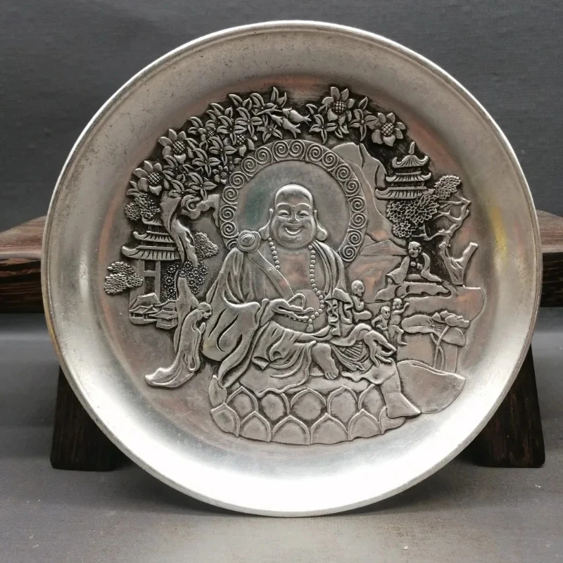 中国の精巧な作品、チベット銀彫刻皿、幸運の象徴「弥勒仏」、金属工芸品、家の装飾、送料無料、コレクション
