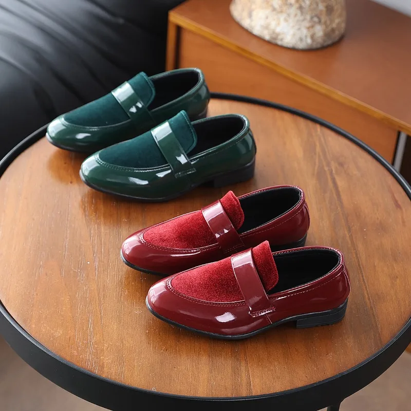 JGSHOWKITO Boy School Leather Shoes Pointed-toe Glossy Patchwork Children Uniform Loafers Non-slip Kids Performance Formal Shoes