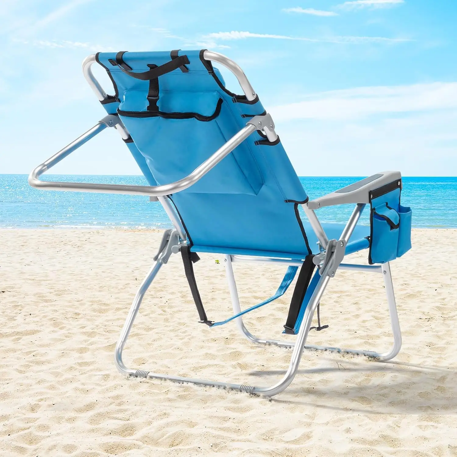 Backpack Beach Chair, 5 Level Adjustable Positions Beach Chair with Back Storage Bag, Cooler Pouch and Side Bag