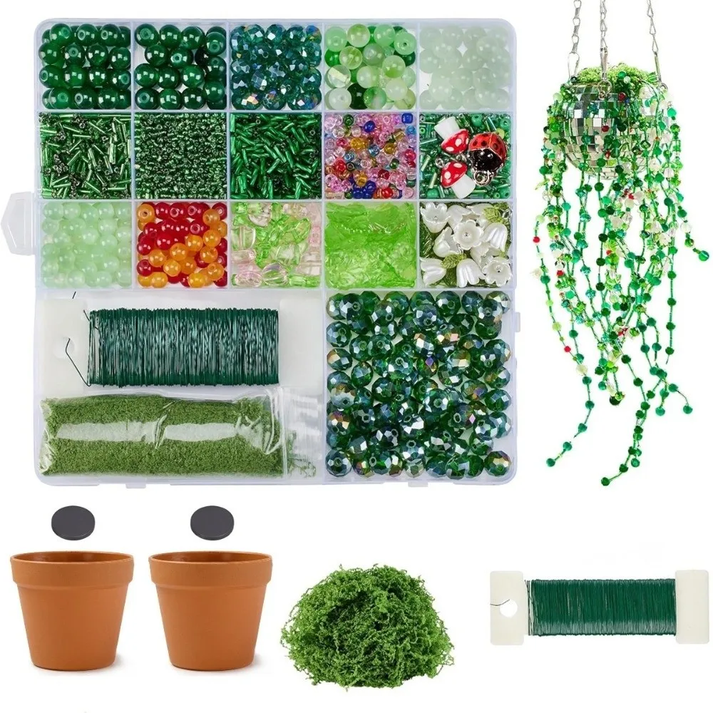 グリーンガラス製の鉢植え植物ビーズ、クリスタルリーフピース、植木鉢付き、ビーズ植物キット、手作りビーズ植物クラフト、植物愛好家のための