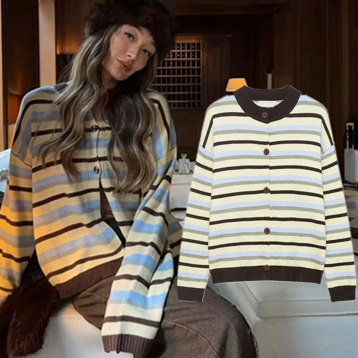 

Jenny&Dave Ins Fashion Blogger Vintage Striped Single Breasted Women's Sweater Knitwear Woman Clothing Woman Clothes Cardigan 20