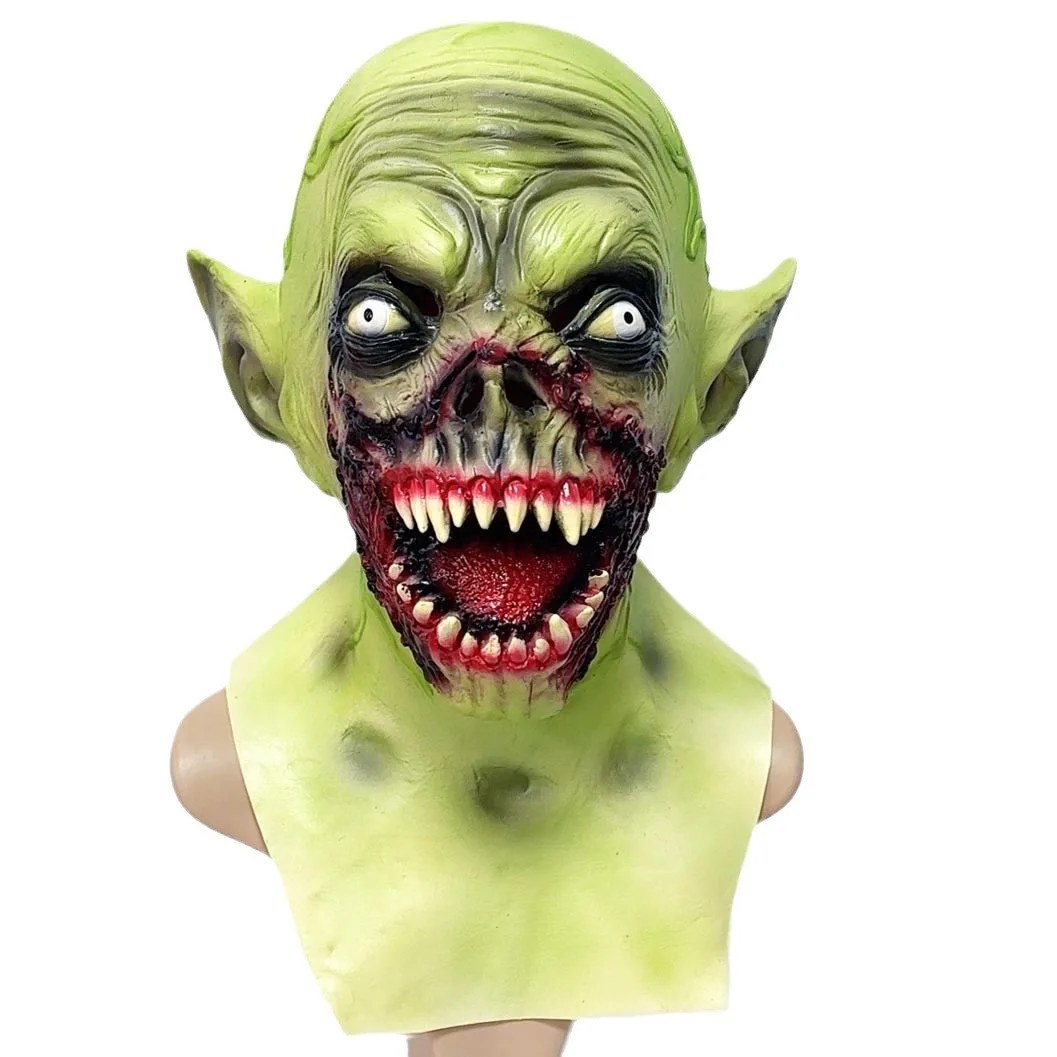 Halloween Green Demon Monster Latex Mask with Head‑Chest Design, Sharp Teeth Scary Cos Prop for Haunted House Escape Room Party