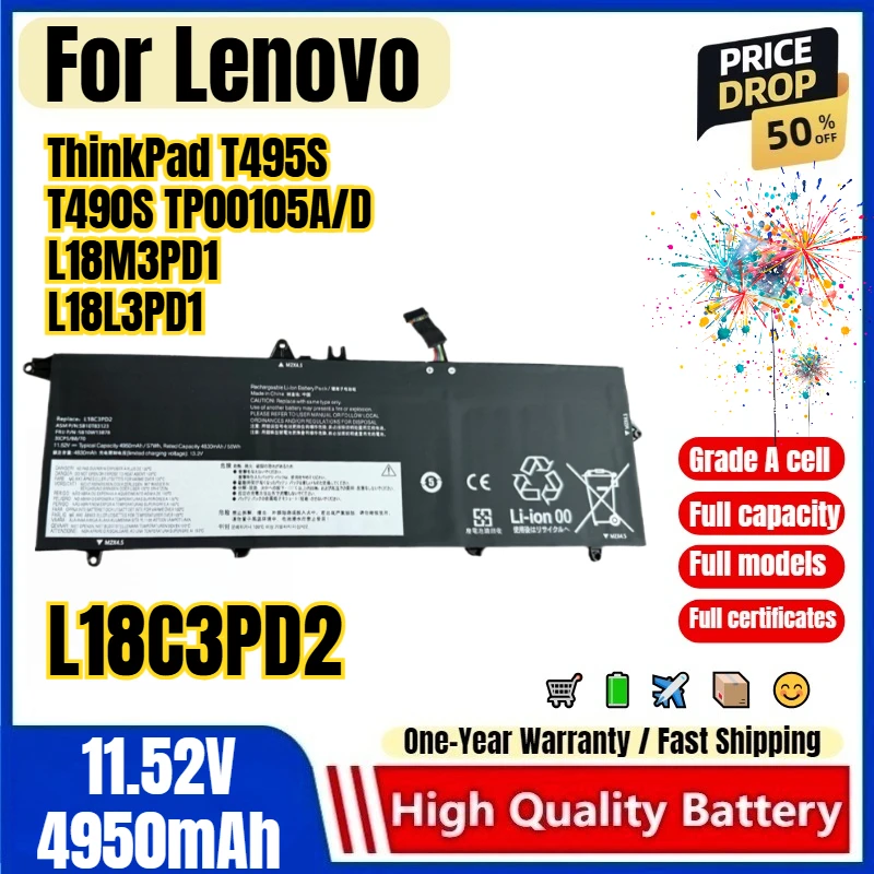 L18C3PD2 for Lenovo ThinkPad T495S T490S TP00105A/D L18M3PD1 L18L3PD1 Laptop Battery High Quality Capacity Replacement Bateria