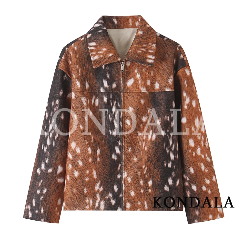 KONDALA Damen Herbst Casual Bedruckte Jacke mit Sika-Hirsch-Muster, Reißverschluss, Reverskragen, Neue 2026 Herbst Trendige Elegante High-Street-Jacke