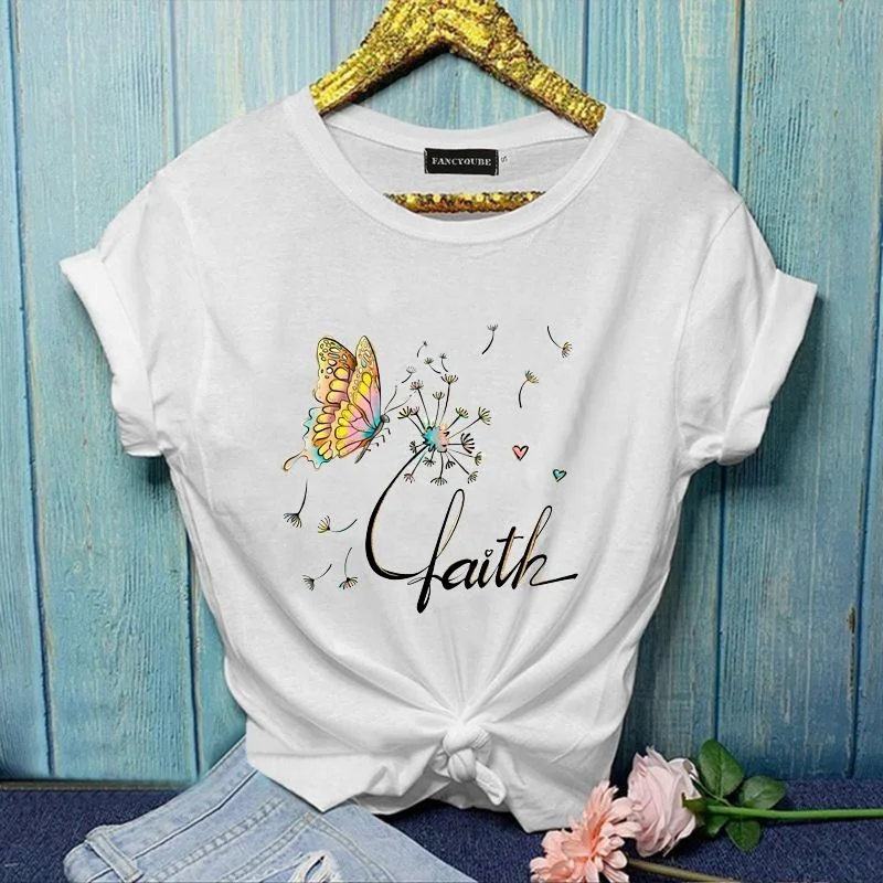 

New Women's Fashion Faith Butterfly Floral T-Shirt Casual Outdoor Street Cool Round Neck Short Sleeve Women's T-Shirt Top