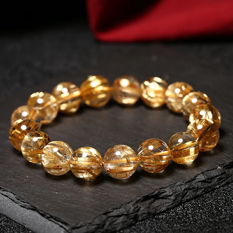 7-14mm Natural Gold Rutilated Quartz Bracelets Stone Beads Unisex Bracelet Women Crystal Stone  Jewelry Men Bangles Decoration