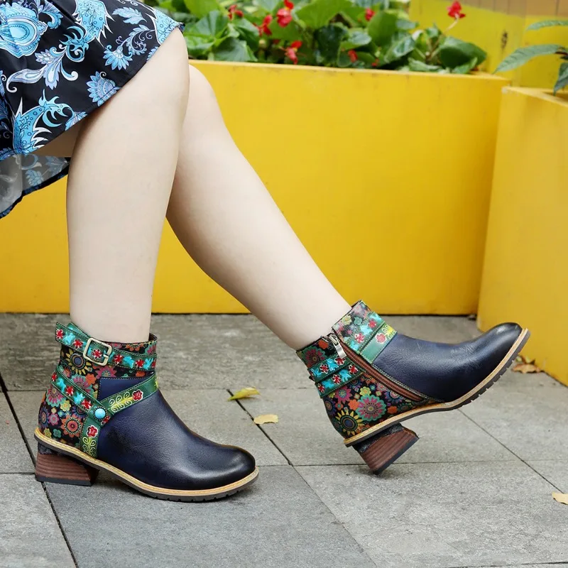 

Hot Sale Genuine Leather Exquisite Floral Splicing Belt Buckle 5CM Ankle Boots Women Casual Handmade Short Boots Navy Blue