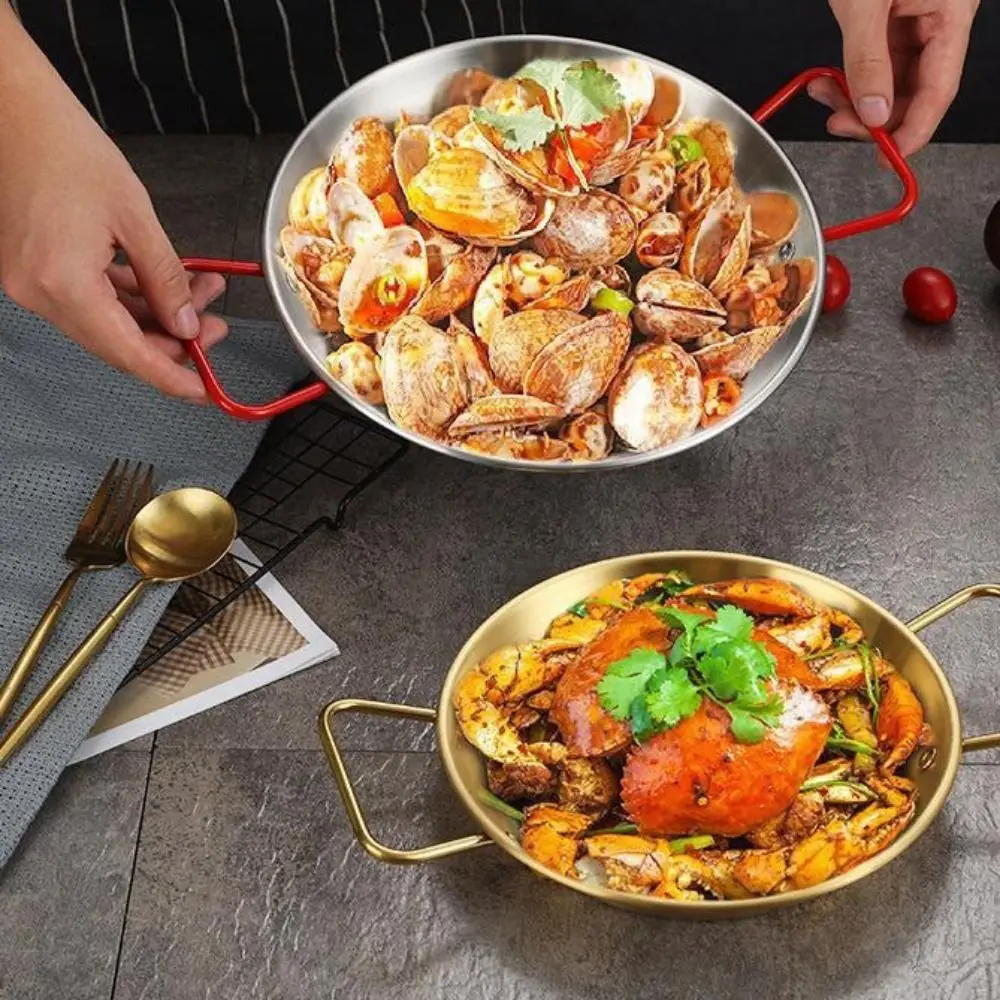 

Retro Non Stick Stainless Seafood Plate Saucepan Container Double Handle Pan Salad Plate Cooking Tools Frying Pan Cookware