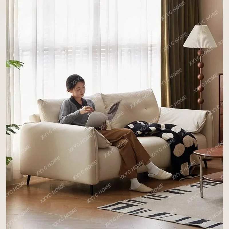 LLeather Sofa Cream Style Small Apartment Living Room Straight Sofa Simple White Cat Scratch Leather