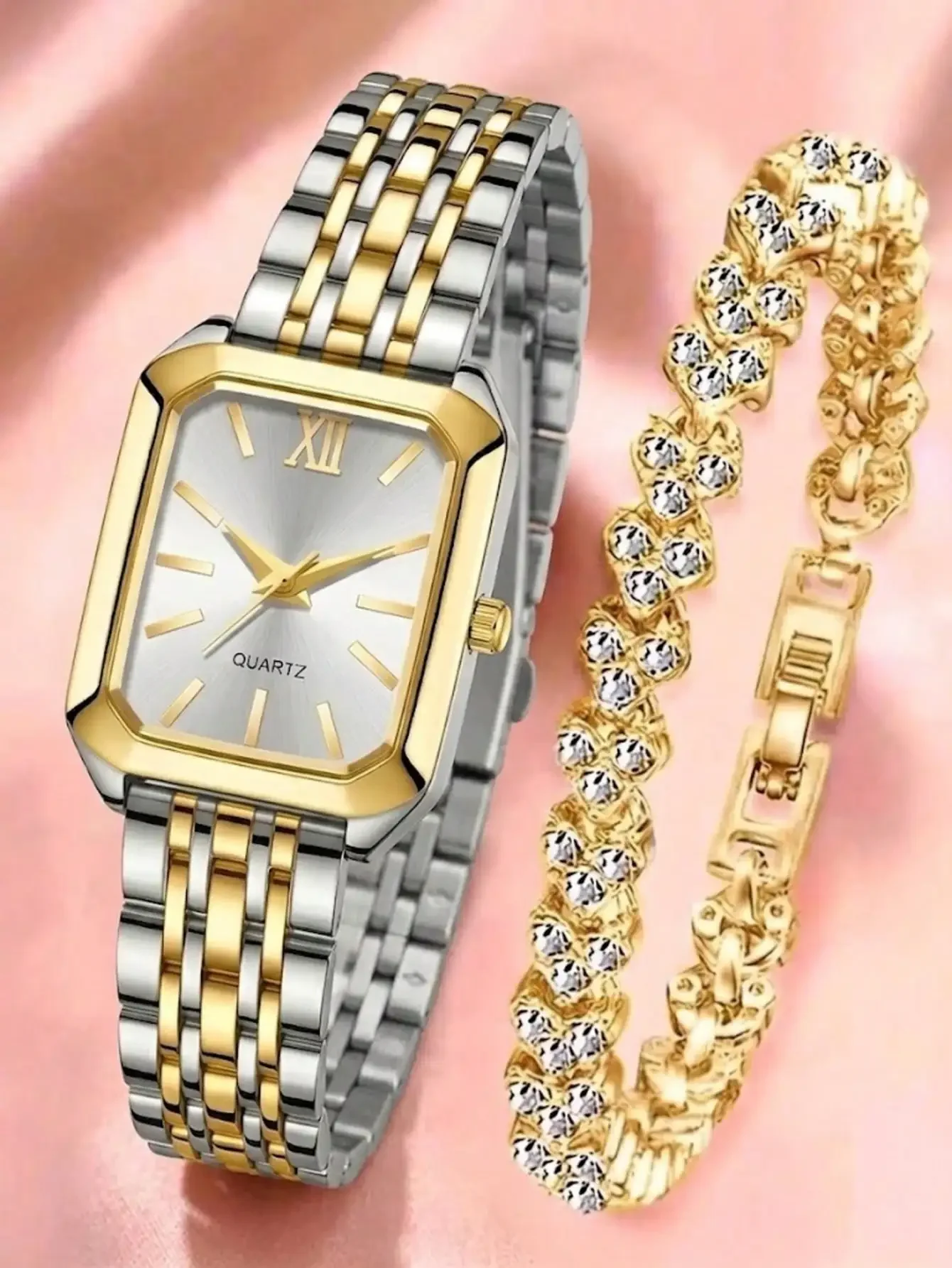 Luxury Women 2Pcs Jewelry Set Two Tone Square Quartz Watch Roman Dial Sparkling Rhinestone Bracelet Birthday Gift Reloj Mujer
