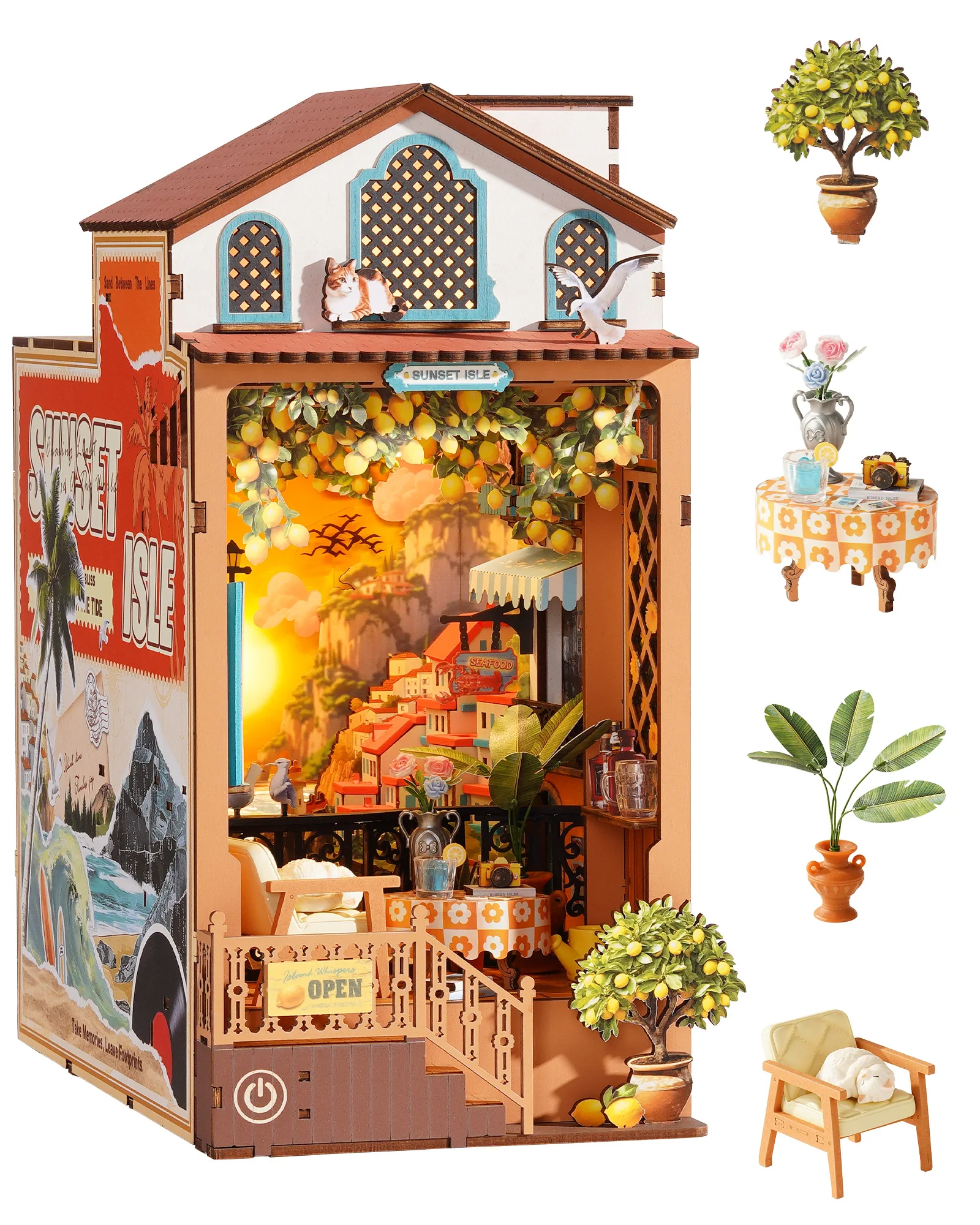 

Rolife Sunset Isle DIY Book Nook 3D Wooden Puzzle Coastal Restaurant Terrace Front View Layered Scene Home Decor for Adults