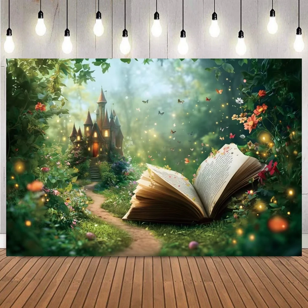 Magic Storybook Photo Backdrop Sparkling Jungle Butterflies Mushroom Castle Kids Party Home Decor Photography Background Prop
