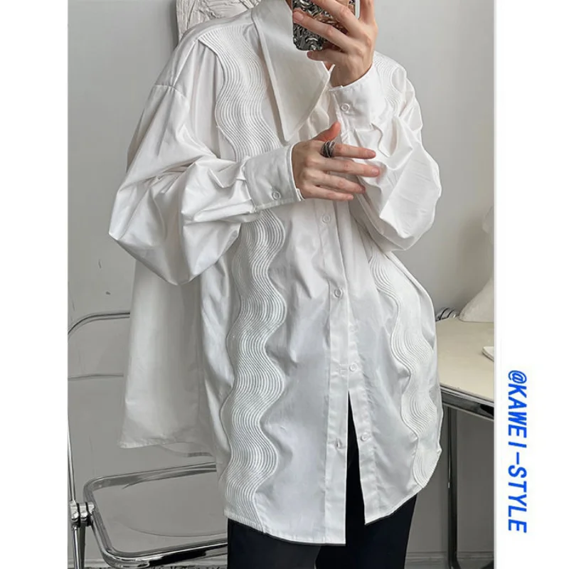 2023 Spring Summer New French Long Sleeve Men\'s Clothing Trend Loose Lapel Spliced Button Casual Printed White Simplicity Shirt