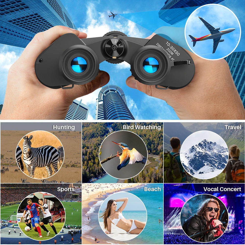 APEXEL 10-30X50 HD Binoculars Large View Optics Telescope Lens with Clear Low Light Vision Roof Binoculars for Travel Hunting