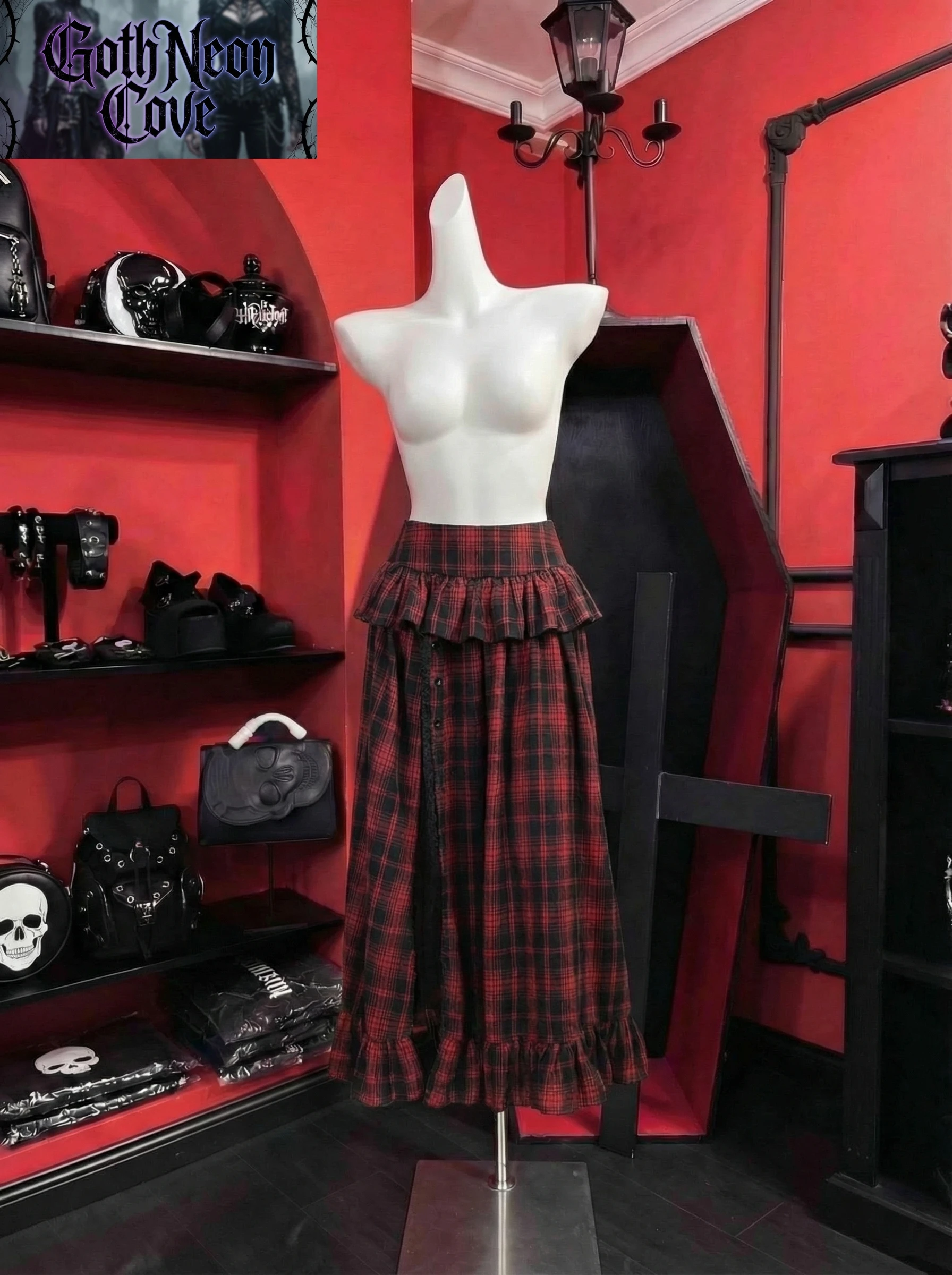 

Летняя американская винтажная темно-готическая юбка для женщин, с низкой талией, в клетку, с высоким разрезом, длинная, повседневная, в стиле High Street Punk Y2K 2000-х годов