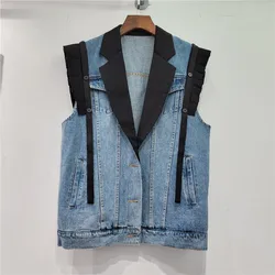 SuperAen European Style Suit Collar Patchwork Denim Jacket for Women Spring 2024 New Pleated Ruffled Loose Vest