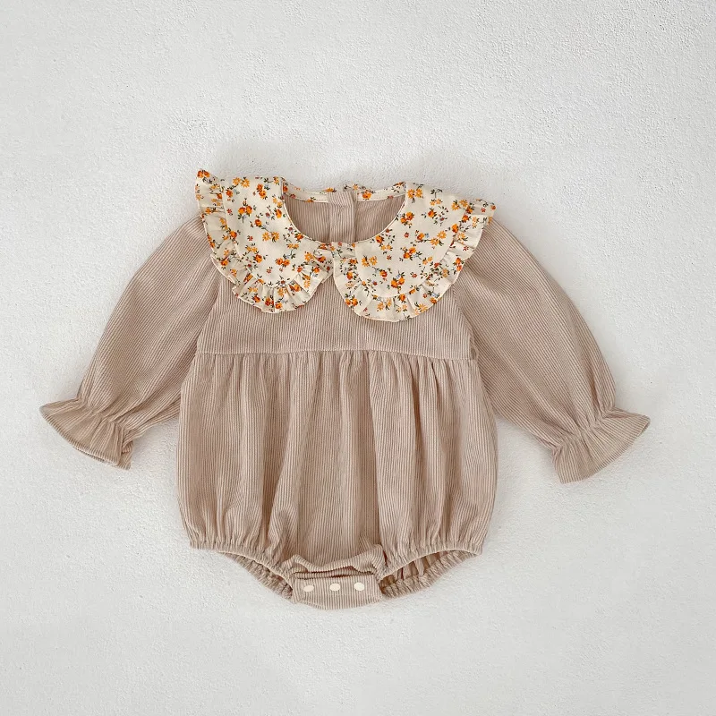 Korean Style Baby Girl Clothes Jumpsuits Spring Autumn Long Sleeve Fleece Velour Floral Collar Romper Newborn All-in-One Suit