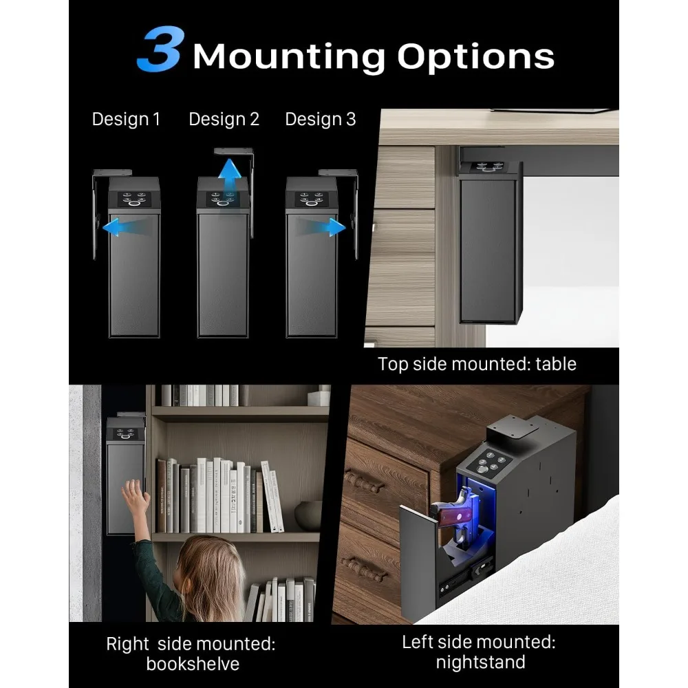 Sejf na broń, sejf na broń krótkostrzałową z biometrycznym zamkiem, pełnowymiarowy, do szafki nocnej, biurka, przy łóżku, do samochodu - automatyczny sejf na broń z przesuwanym zamkiem na pistolet -w