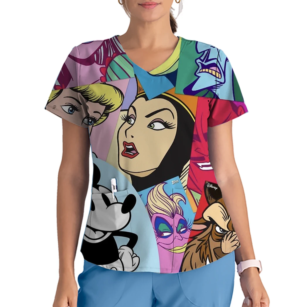 Disney Malévola Série Enfermeira Care Trabalhador Tops, Senhoras Workwear Print, V-Neck Bolso, Manga Curta, Pet Shop Nursing T-Shirt, Casual