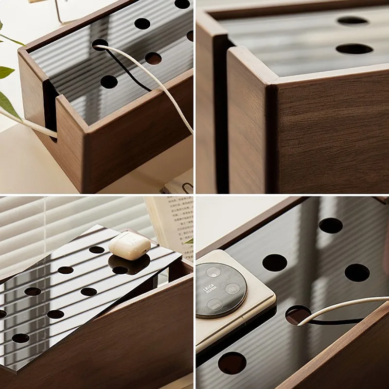 Glass & Walnut Cable Box Premium Wire Organizer Decorative Power Strip Container Natural Wax Finish