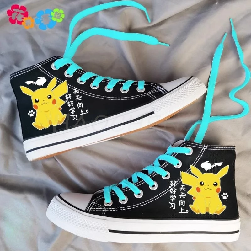 New MINISO Pikachu Pokémon Noctilucent Canvas Shoes Fashion Exquisite Versatile Leisure Students Girls Black High-top Sneakers