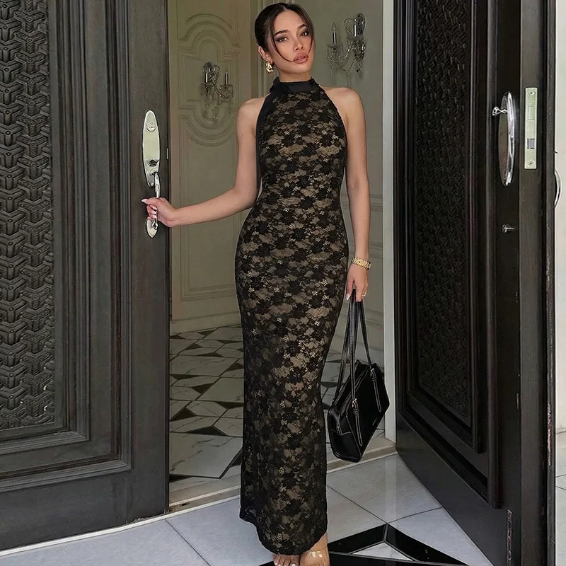 Tornova-Vestido largo de encaje Jacquard con cuello Halter para mujer, ropa de calle con Espalda descubierta, vestido de cintura alta, Sexy, ajustado, ropa de fiesta para discoteca 2026