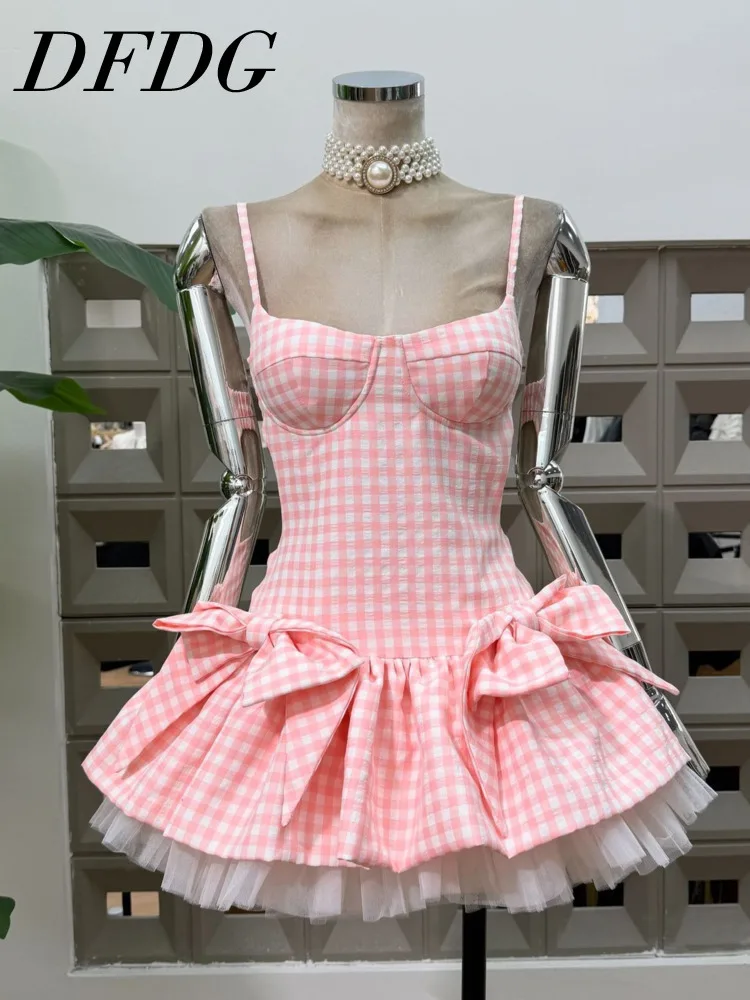 

DFDG Women's Gingham Spaghetti Strap Mini Dress Bow Tulle Hem 2026 Summer Cute Ruffle A-Line Party Dress Backless Beach Dress