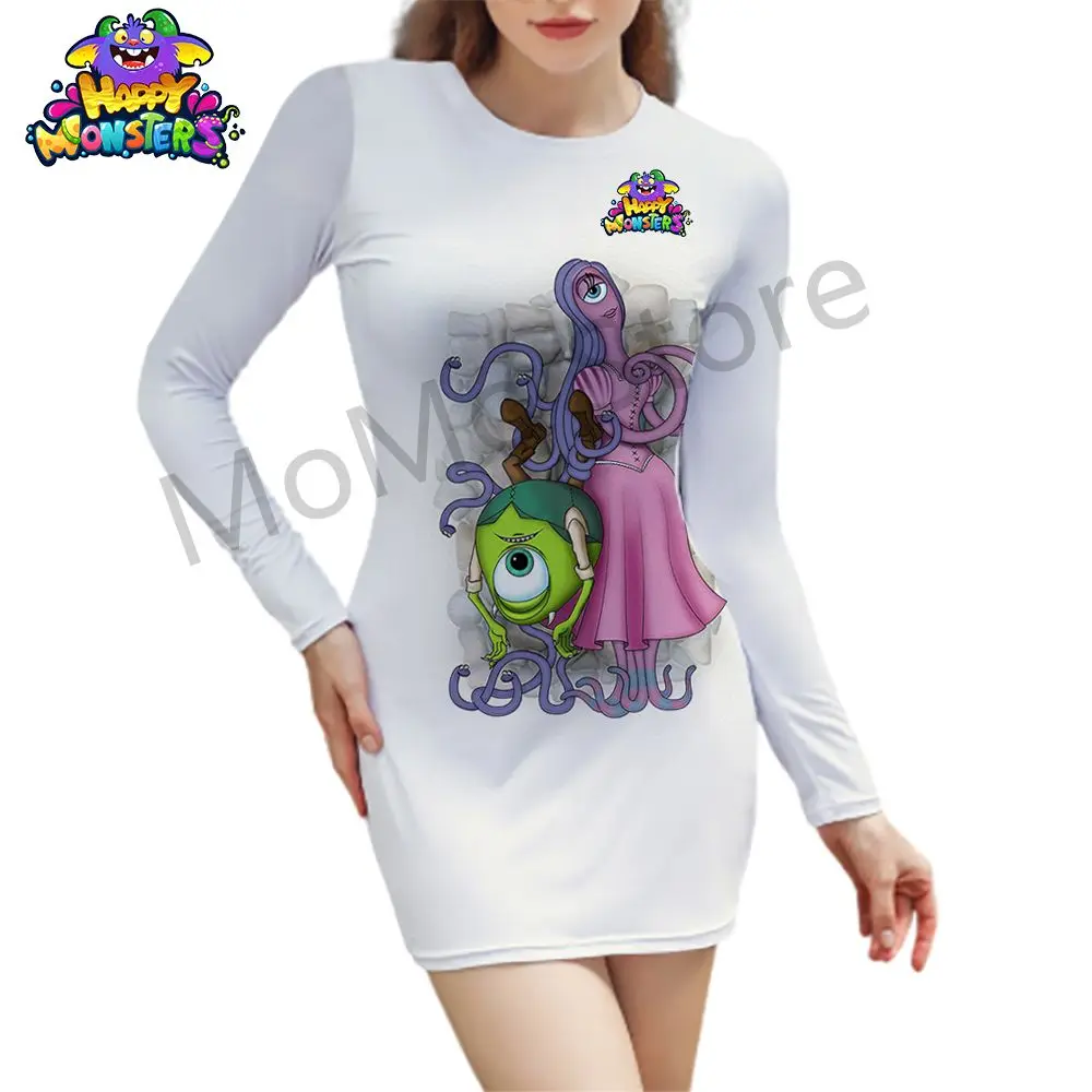 Sexy Women's Long Sleeve Hip Dress Disney Monsters Inc. O Neck Y2k High Quality Ladies Fashion Party Youthful Woman Clothes 2024