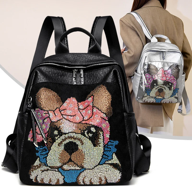 Fashionable Korean Style Diamond Embedded Printed Soft Leather Large Capacity Women's Backpack Casual Simple Style Summer Bag