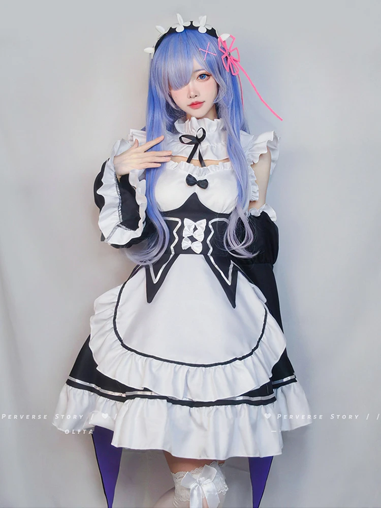 

Re:Life in a different world from Rem Ram maid Cosplay Female Cute Maid Outfit Lolita Dress Party Costume