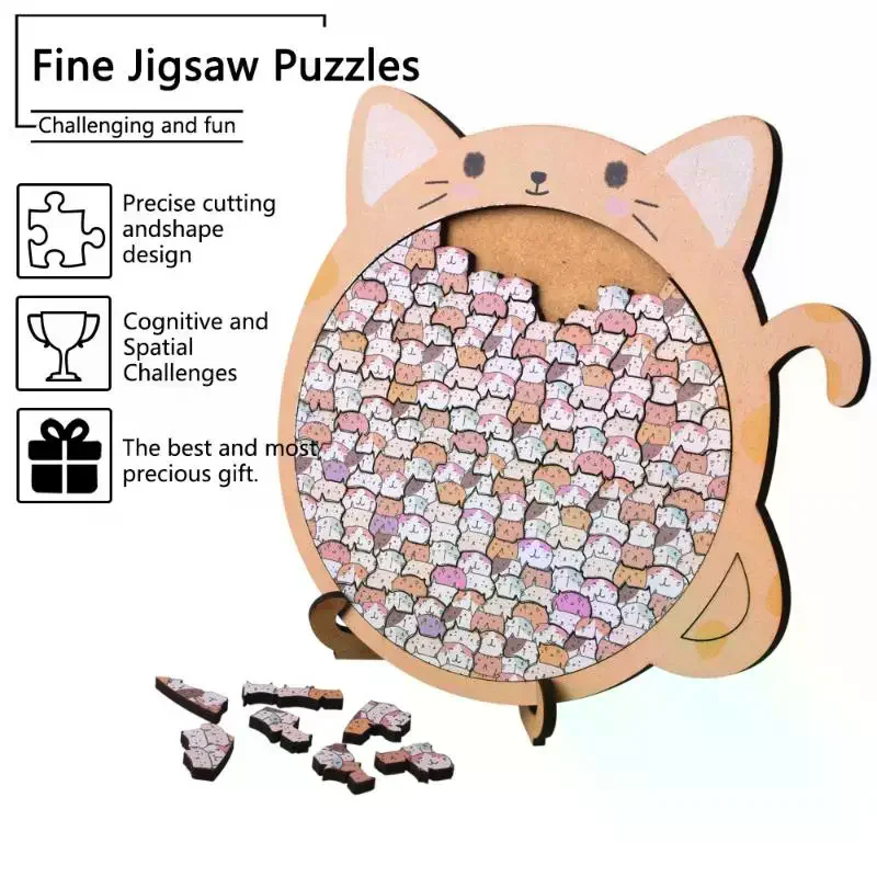 

Cartoon Cat Shaped Wooden Puzzle Toy Cute Fun Cat Pieces Puzzle Kid Adult Educational Toys Christmas Gifts