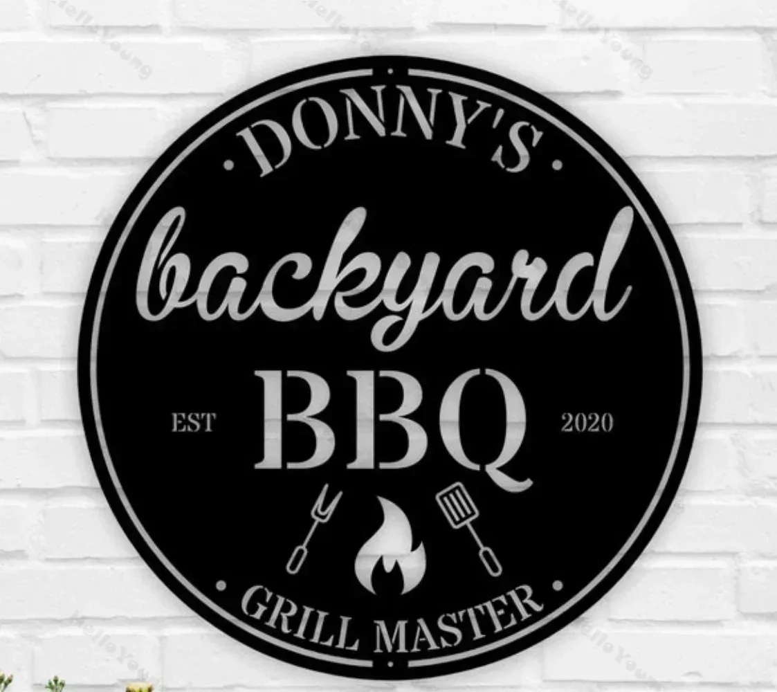 Personalized Backyard Outdoor Kitchen Sign, Custom Metal Wall Decor. A Perfect BBQ Grill Gift for Dad, with Gothic Home Style.