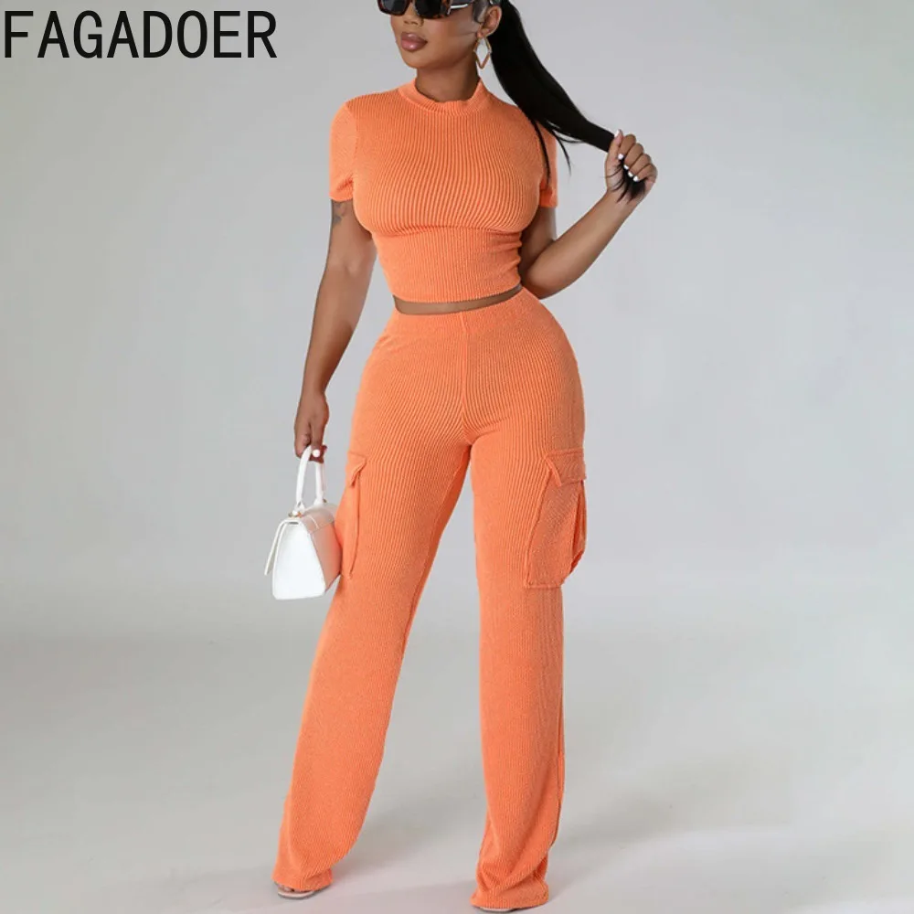

FAGADOER Spring New Casual Solid Color Ribber Tracksuits Women Round Neck Short Sleeve Crop Top And Pants Two Piece Sets Outfits