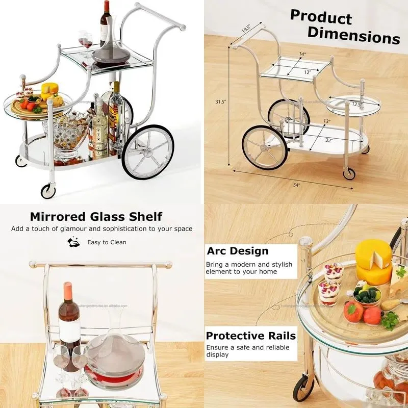 Double Decker Removable Stainless Steel Bar Cart with Iron Frame Wheels Modern Sustainable Durable for Food Container Storage