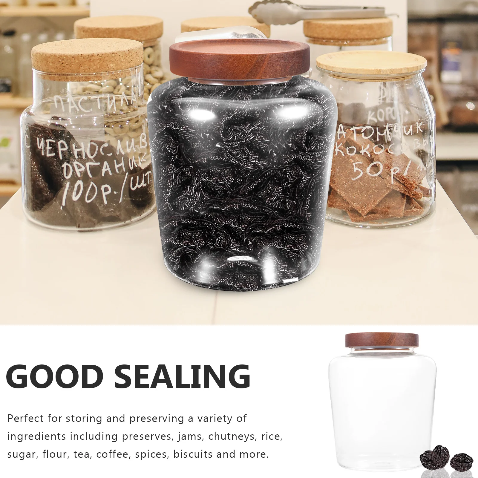 

Clear Glass Airtight Storage Jar with Sealed Wood Cover Household Multi-Function Food Canister for Tea Coffee Sugar Candy