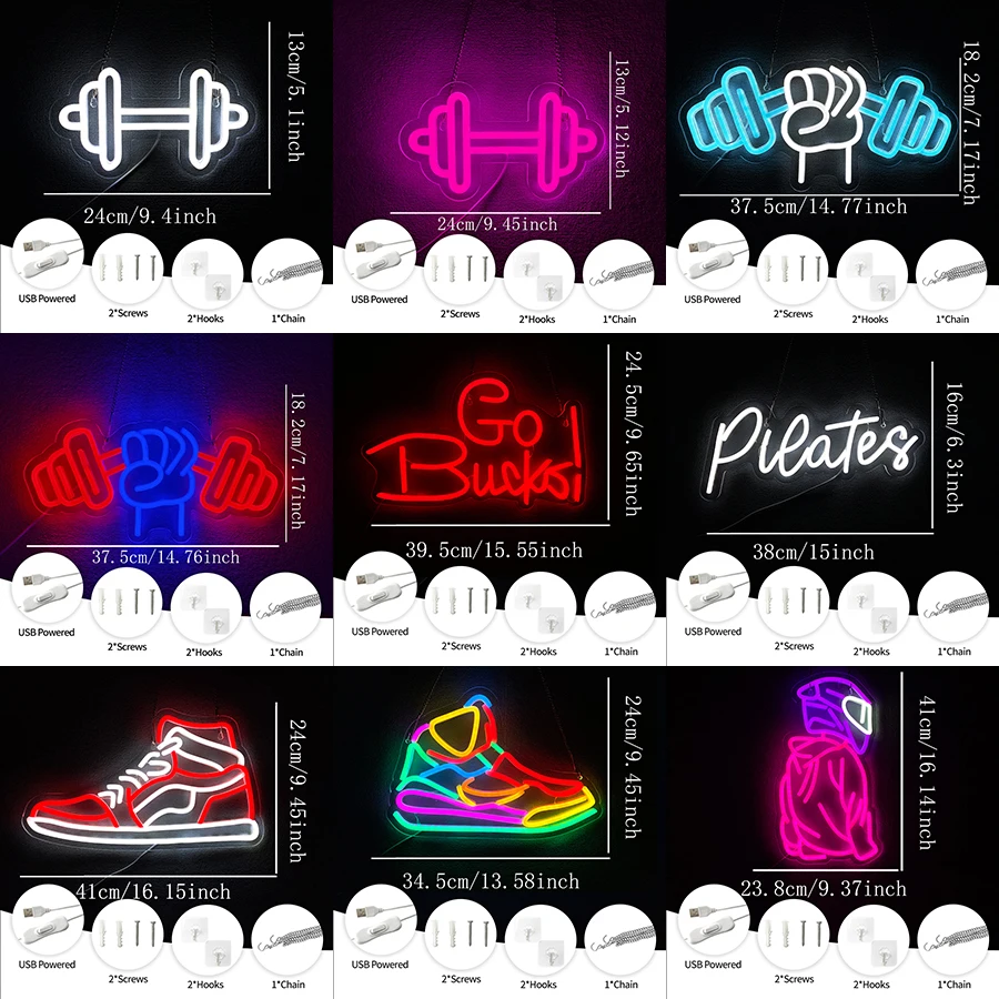 Sneaker/Dumbbell GYM Neon Signs for Wall Decor,'Go bucks'/'Pilates' LED letters Neon Lights for Fitness Club  Sports Room Decor