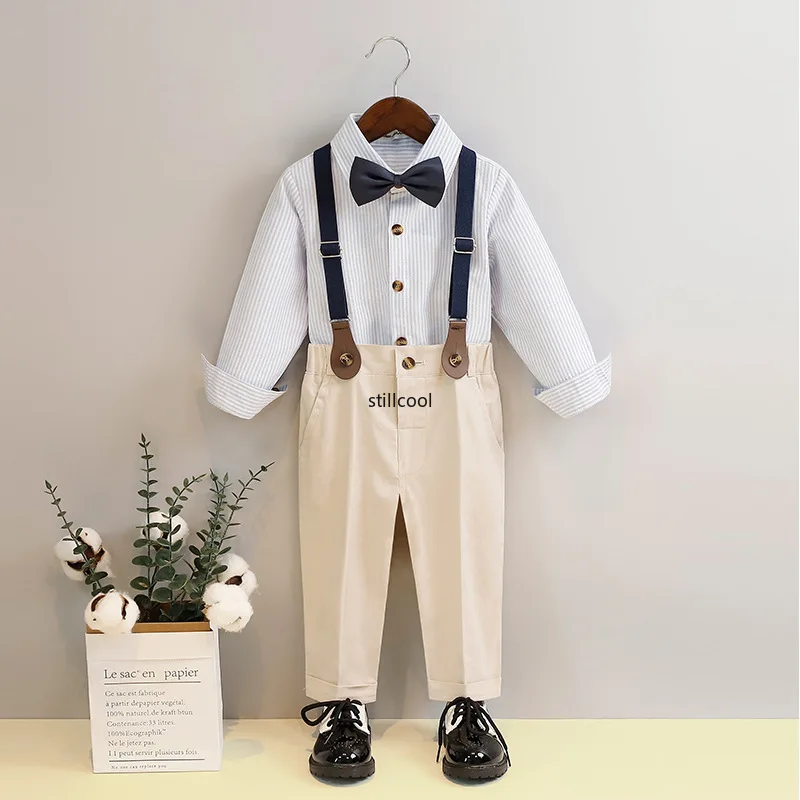 Suit for Boys Fashion Stripe Shirt Suspender Pants Outfits Spring Summer New Flower Child Wedding Blazer Set Kids School Uniform