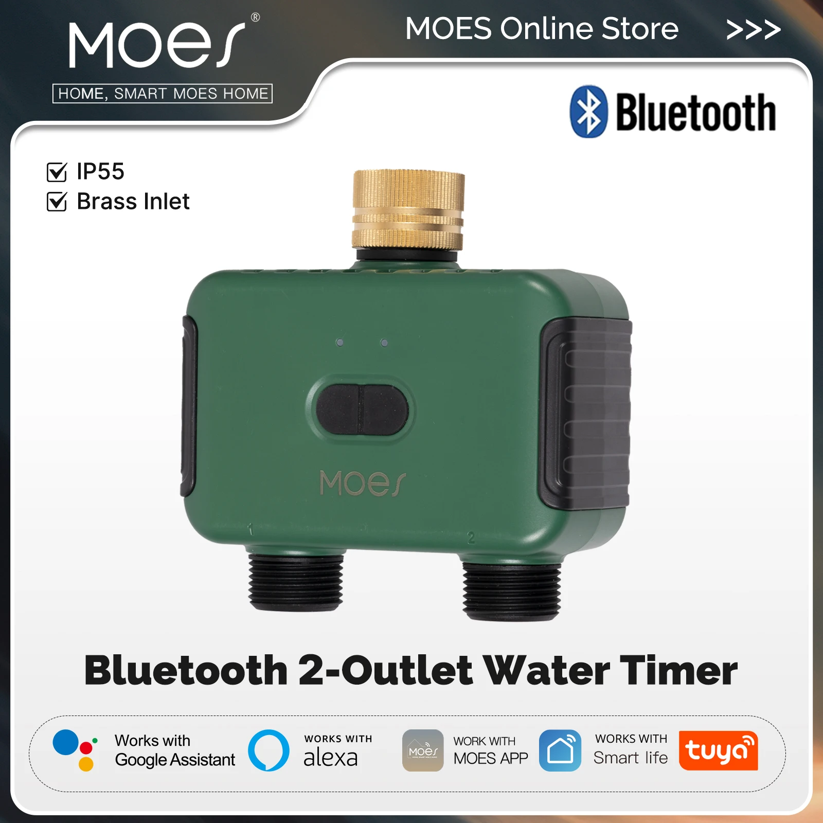 

MOES Tuya Bluetooth 2-Outlet Valve Sprinkler Smart Water Timer Rain Delay Filter Washer App Control Auto Programmable Controller