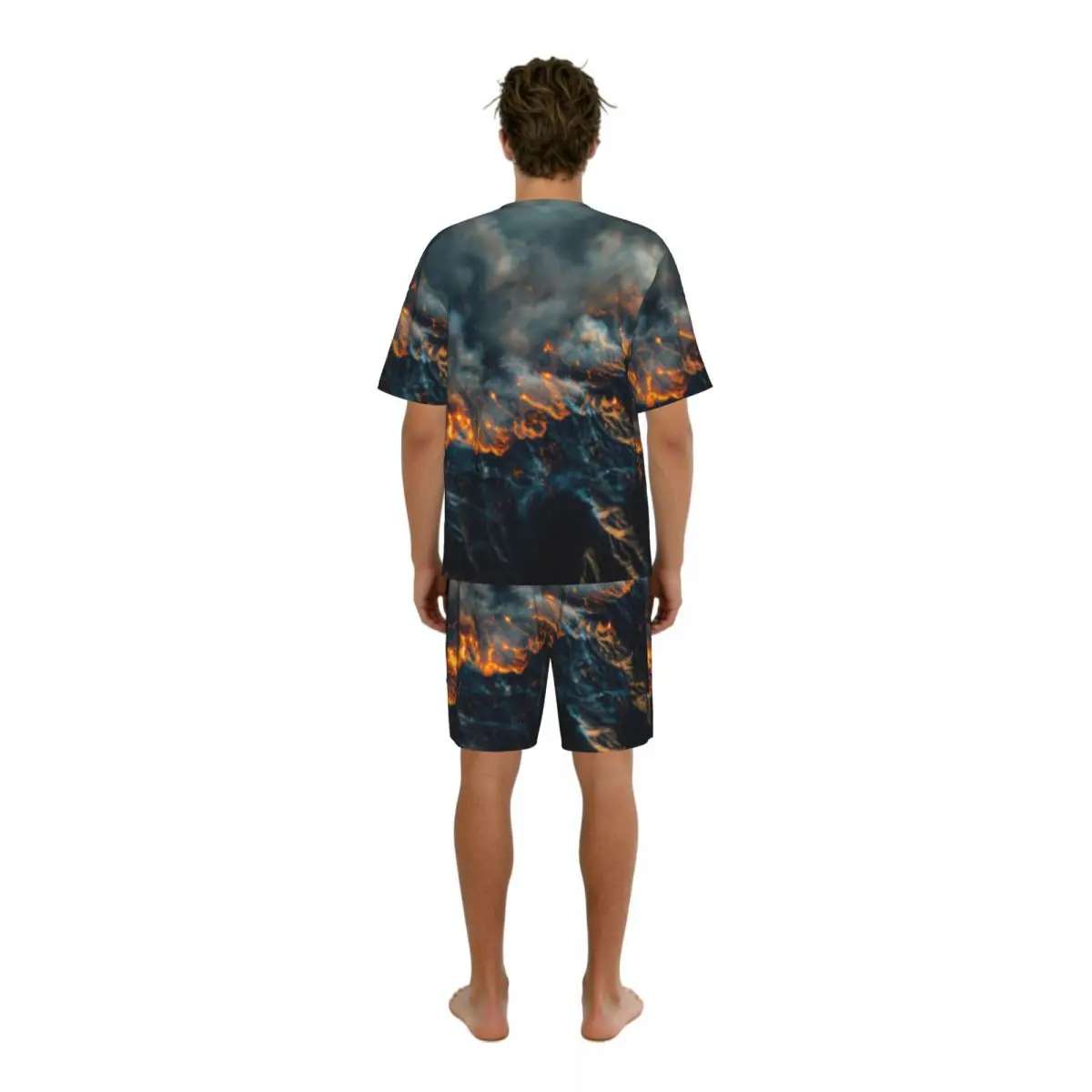 Men's Casual Pajama Set Short Sleeve T-shirt Shorts Wild Fire Spreading Through Mountain Home Clothes Sleep Suit