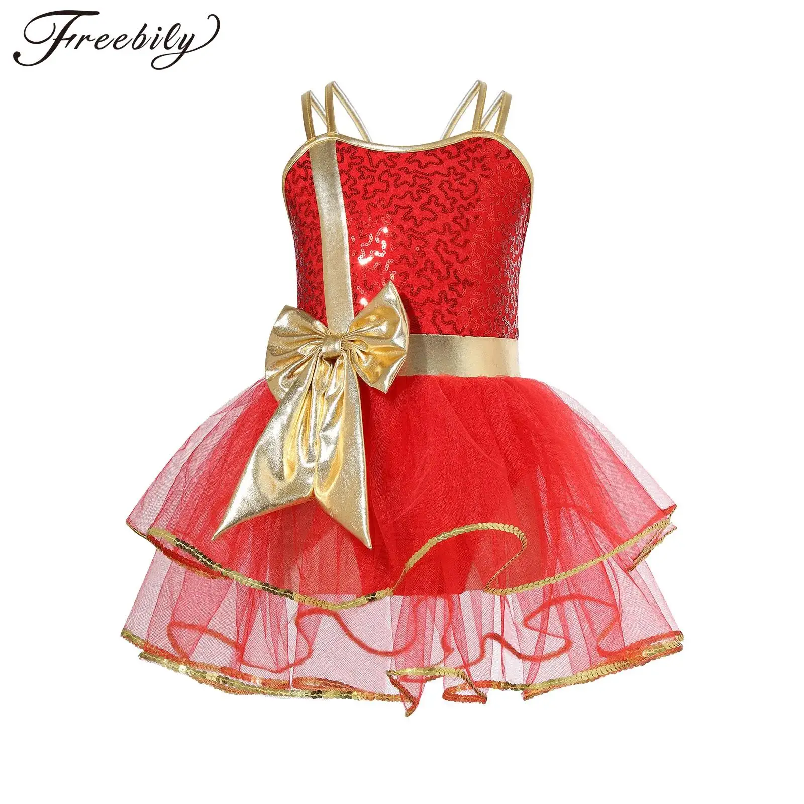 

Блестящее платье-пачка для танцев на Рождество для девочек, без рукавов, с блестками и бантом, балетное танцевальное трико, платье для выступлений, танцевальная одежда