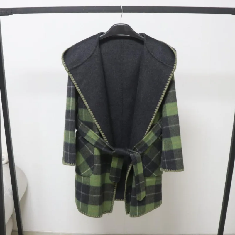 

Women's Autumn Winter Hooded Long Sleeve Plaid Wool Coat With Sashes Lady Elegant Contrast Color Pockets Wool Outwear