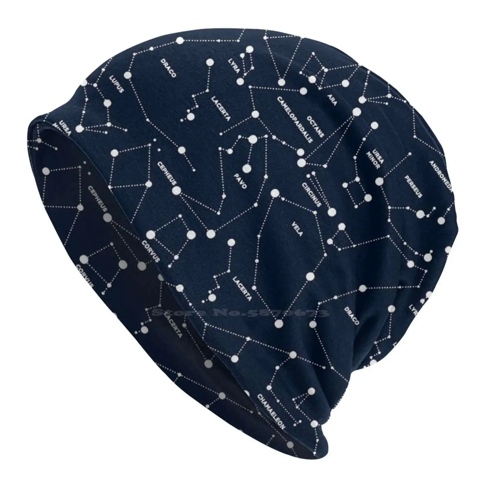 Knitted Hat Warm Beanie Outdoor Caps White Navy Blue Dark Blue Stars Celestial Cosmos Cosmic Ursa Major Ursa Minor Northern