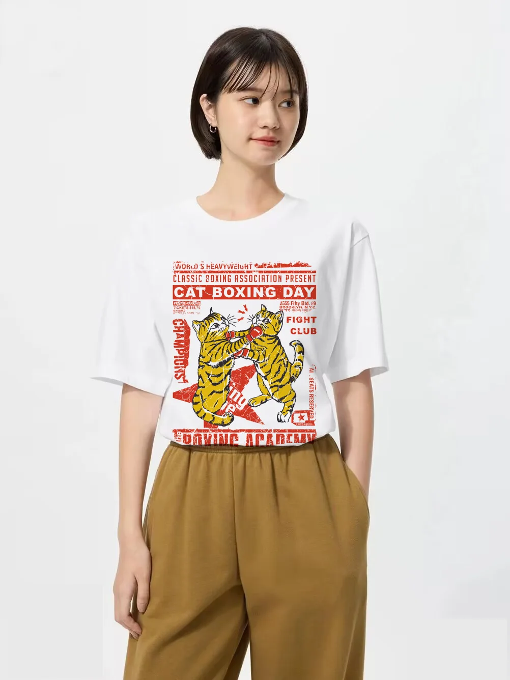 Gato dia de boxe impresso algodão manga curta camiseta bonito gato impressão topos gato salvará o mundo dos desenhos animados camisetas casuais