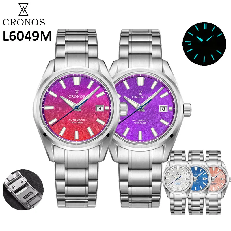 

Мужские часы Cronos, 36 мм, автоматические наручные часы с механизмом Miyota 9015, белый циферблат, березовый узор, сапфир, 10 атм, L6049M