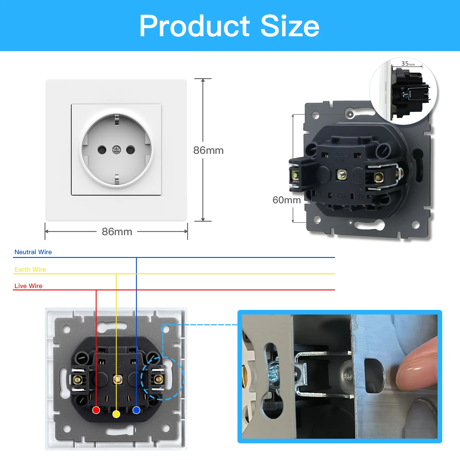 Bseed EU Russia Standard Wall Socket Module USB Type-C Outlet Ports 5V 2.1A Crystal Glass Panel Frame White DIY Parts