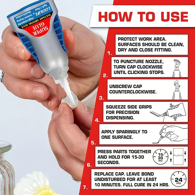 LOOLIFL Lem Super Kontrol Gel Ultra, Lem Super Bening, Lem Instan Perekat Sianoakrilat, Lem CA Aman untuk Makanan untuk Kayu Repai Sepatu