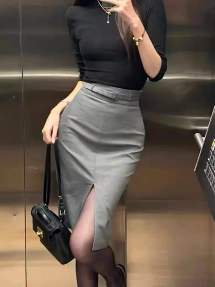 Office Lady Women Skirts 2026 Spring High Waisted Split Midi Skirt Women's Slim Fit Belted Pencil Suit Skirt Gray